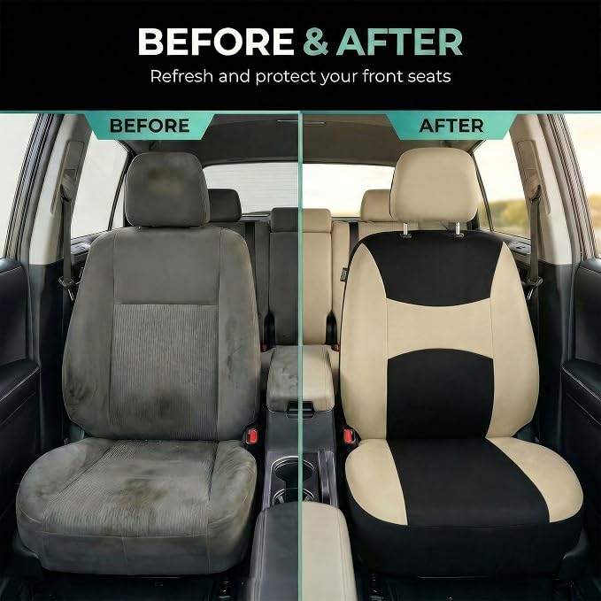 FH Group Universal Automotive Seat Covers Front Set | Light & Breezy Flat Cloth Washable Car Seat Cover for SUV, Sedan, Truck | Airbag Compatible Interior Upgrade - Beige/Black