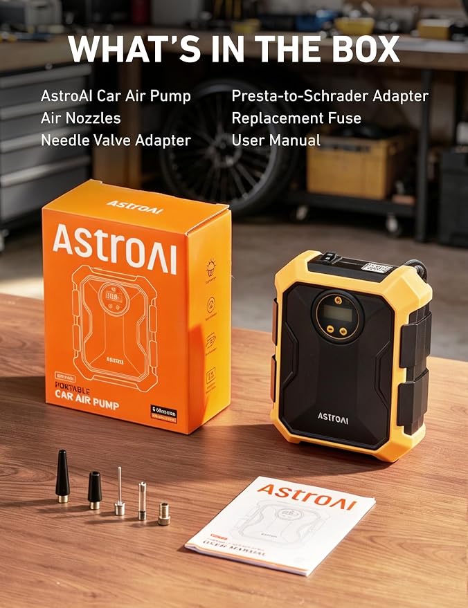 AstroAI Tire Inflator Portable Air Compressor 12V DC 100PSI, Integrated Storage, Digital Gauge, Auto Shut-Off Fast Inflation LED Light, Air Pump for Car Tires Bike Motorcycle Other Inflatables, Yellow
