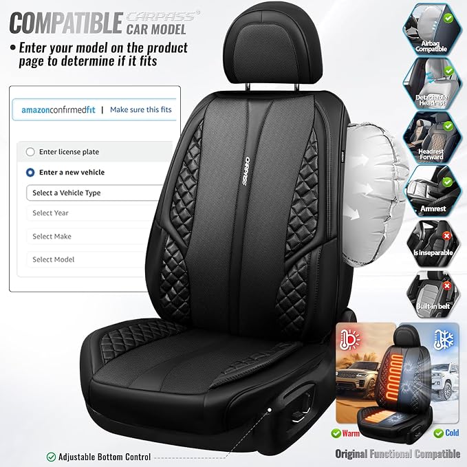 CAR PASS Nappa Leather Car Seat Covers Front Seats Only, Luxury PU Leatherette Seat Covers 2 Pack Waterproof Durable Car Seats Cushion Protector Universal Fit for Sedan SUV Pick-up Truck Van All Black