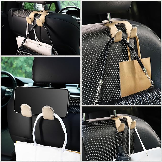 LivTee Upgraded Superior Leather Car Seat Back Headrest Hook, 2 in 1 Auto Seat Hook Hangers Holder Organization Interior Accessories for Purses Coats Umbrellas Grocery Bags Handbag (Beige)
