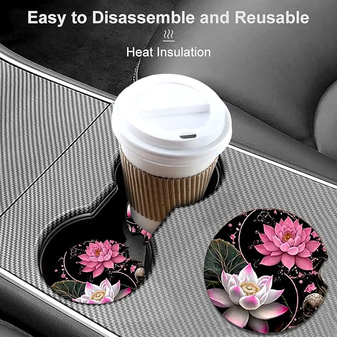 2 Pack Lotus Flower Car Cup Holder Coasters Universal Neoprene Coasters | 2.75" Universal Size Anti Slip Rubber Mat, Auto Cup Holder Accessories for SUV Truck, Lotus Flower Gifts for Women Men Mom
