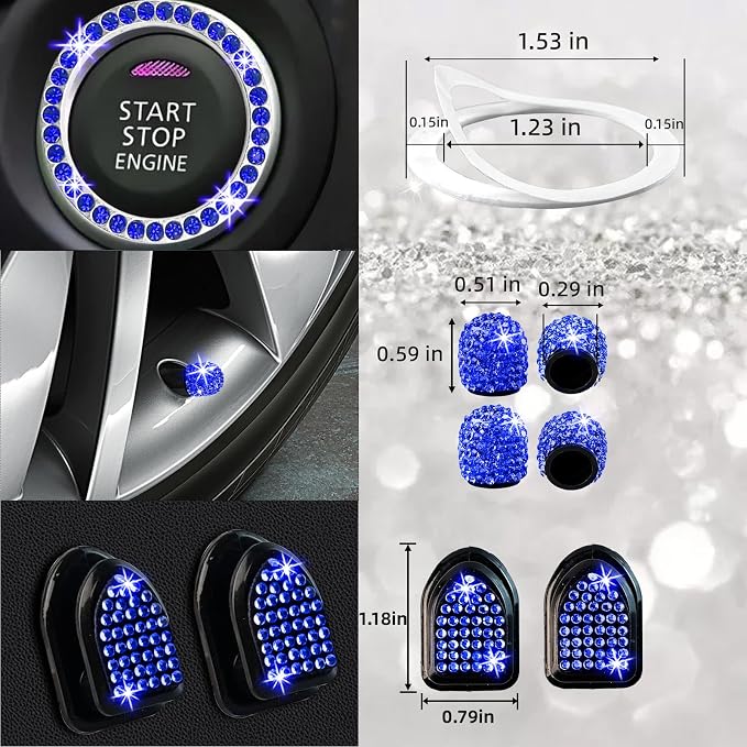 NBTEPEM 30 Pcs Blue Bling Car Accessories Set for Women, Blue Steering Wheel Cover Set, Bling Console Cover, Seat Belt Cushion, Shift Knob Cushion, Cup Coaster, Rhinestone Car Hanging Accessories