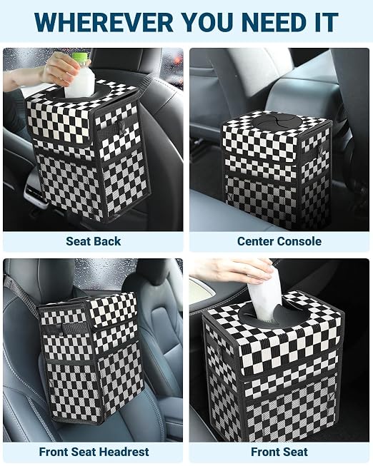 Capolo Car Trash Can with Lid, Leakproof Car Trash Bag Hanging Waterproof Automotive Garbage Can with Storage Pockets Mini Vehicle Trash Bin for Back/Front Seat(Black Square Grid,3 Gallon)