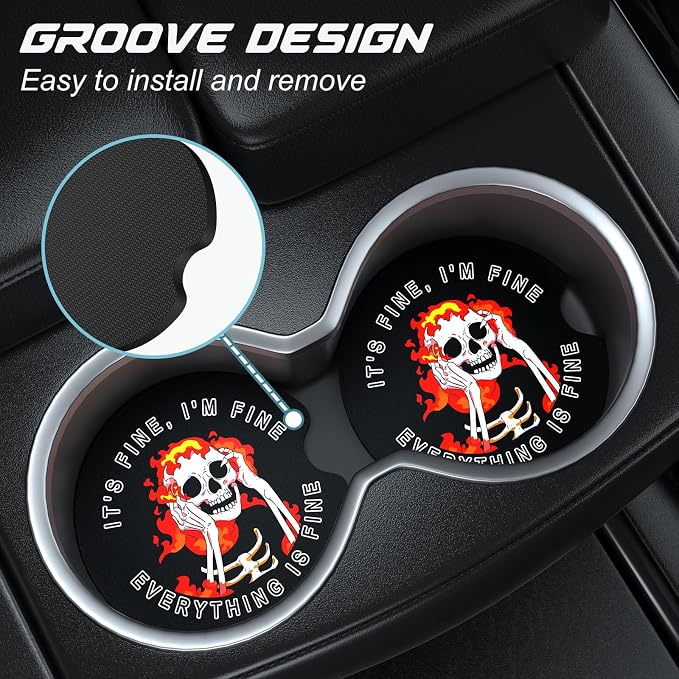 Aiawoxc Car Cup Holder Coasters, 2 Pack Universal Auto Anti Slip Insert Coaster with A Finger Notch, Cute Car Assecories for Women Men, Cup Mat for Most Interior, Fine Skull
