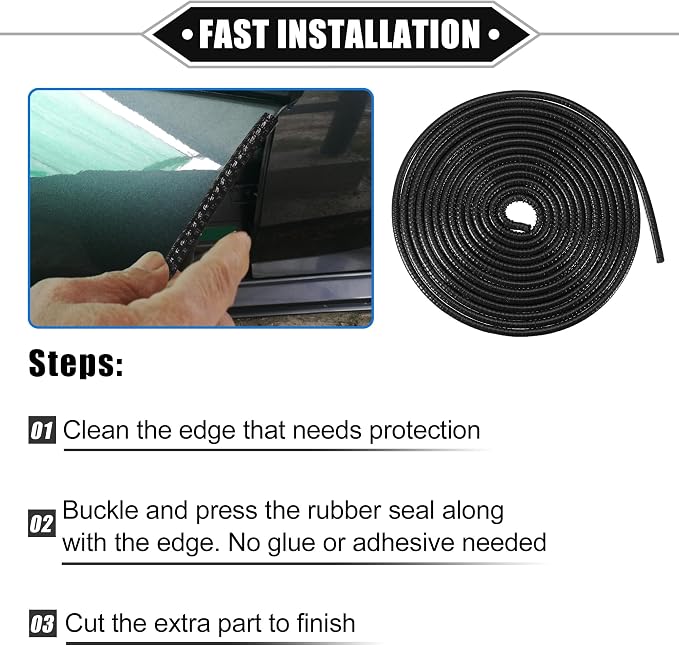 Car Door Edge Guard, 16.4ft U Shape Rubber Edge Trim Seal Strip Protector Universal for Car Truck ATV Boat Multifunctional No Glue PVC Iron Black