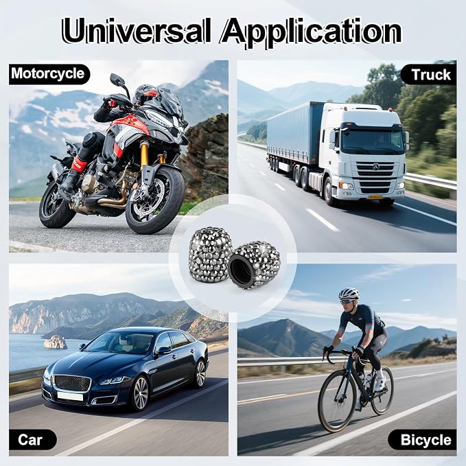 JUSTTOP 4 Pack Handmade Crystal Rhinestone Tire Valve Stem Caps, Universal for Cars, Trucks and Motorcycles - Glossy Black