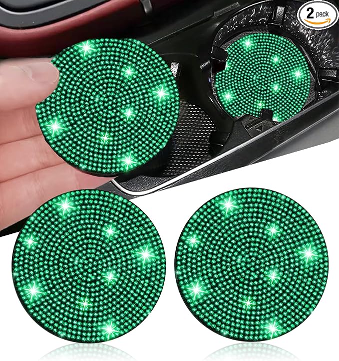 2pcs Bling Car Cup Holder Coaster, 2.75 inch Anti-Slip Shockproof Universal Fashion Vehicle Cup Holders Insert Bling Crystal Rhinestone Auto Automotive Interior Accessories for Women (2 pcs, Green)