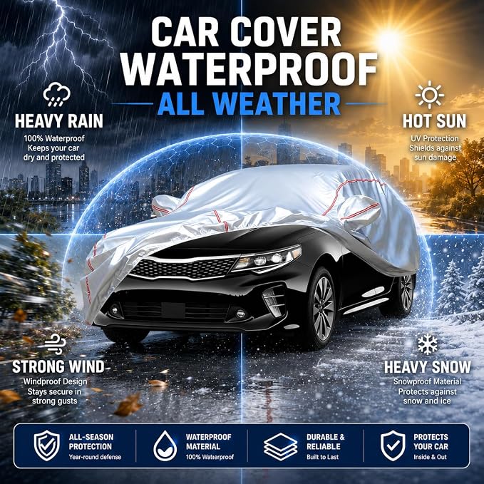 Waterproof All Weather Heavy Duty Vehicle Cover, 360° Underbody Wrap Windproof Design, Quick Install Outdoor Cover,(for Kia K5 2020-2025)