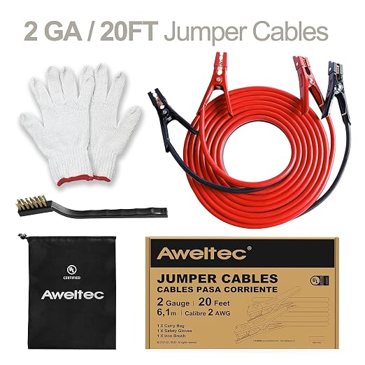 Heavy Duty Jumper Cables,2 Gauge 20 Feet Battery Booster Cable,Automotive Jumper Wires with Alligator Clamps,Carrying Bag,Safety Gloves and Iron Brush for Cars Trucks