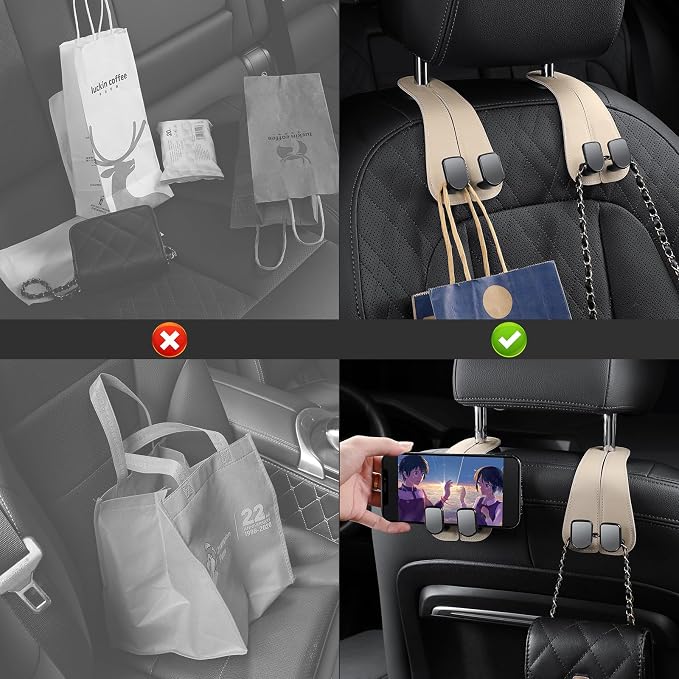 2 Pack KAFANLIN Car Headrest Hooks for Purses and Bags Cute Leather Car Seat Back Head Rest Double Hooks for Bags Cute Pink Beige Car Accessories Headrest Back Seat Handbags Hook (Black 2 Pack)