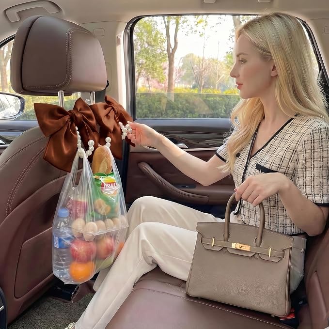 2PCS Satin Bow Pearl Car Seat Headrest Hooks β Car Bag Holder & Vehicle Hanger for Purses β Cute Coquette Aesthetic Interior Decoration β Cute Auto Organizer Accessories Universal (Woody Brown)