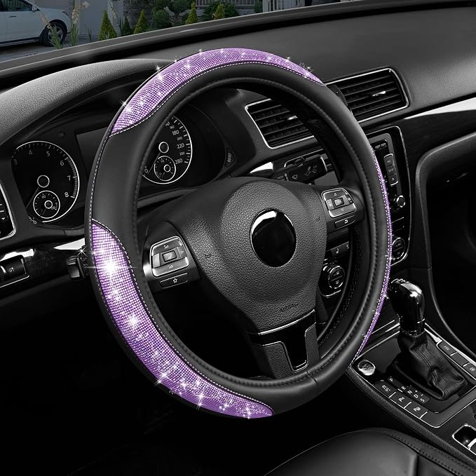 Road Comforts Pixel Glitter Steering Wheel Cover, 14.5–15 Inch Leather Steering Wheels Snug Fit, Anti-Slip Leather Grip, Elegant Sparkle Design, Universal Fit - Purple