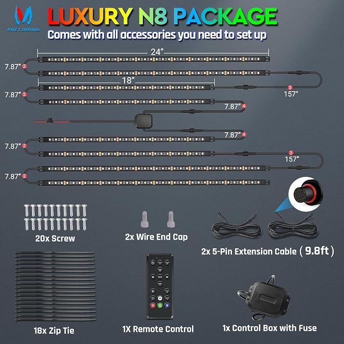 MICTUNING N8 RGBW Underglow Light Bars for SUVs, App/Remote Control, Aluminum Housing Waterproof, Exterior Neon Accent Underbody LED Light Strips, w/ 2pcs 9.8ft Extension Cords, 8PCS