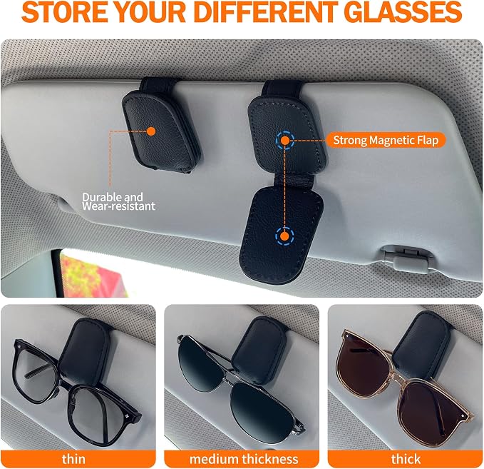 Shering Sunglasses Holders for Car Sun Visor, 2pack Magnetic Leather Glasses Eyeglass Hanger Clip for Car, Ticket Business Card Clip Eyeglasses Mount Car Visor Accessories (Grey)