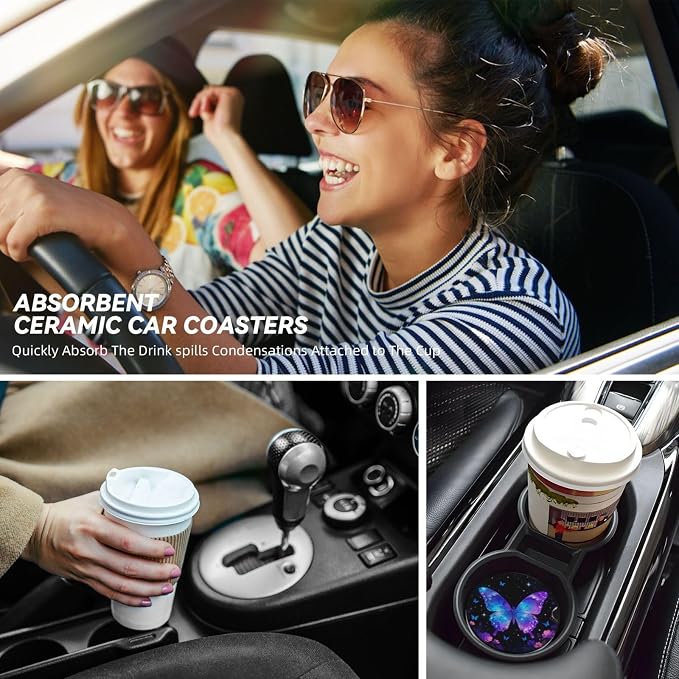Butterflies Starry Sky Flowers Shimmering 2 Pack Car Cup Holder Coasters Absorbent Ceramic Drink Coasters 2.56" Anti Slip Cup Mat with Cork Base and Finger Notch Auto Accessories for Women Men