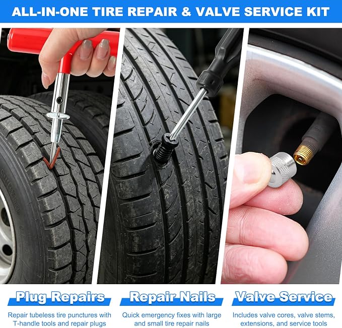 Tire Plug Kit, 130 PCS Tubeless Tire Repair Kit with Heavy-Duty Metal T-Handle Tools, Repair Strips, Screw-in Repair Plugs, Valve Stem Service Accessories & Hard Case for Car SUV Motorcycle ATV