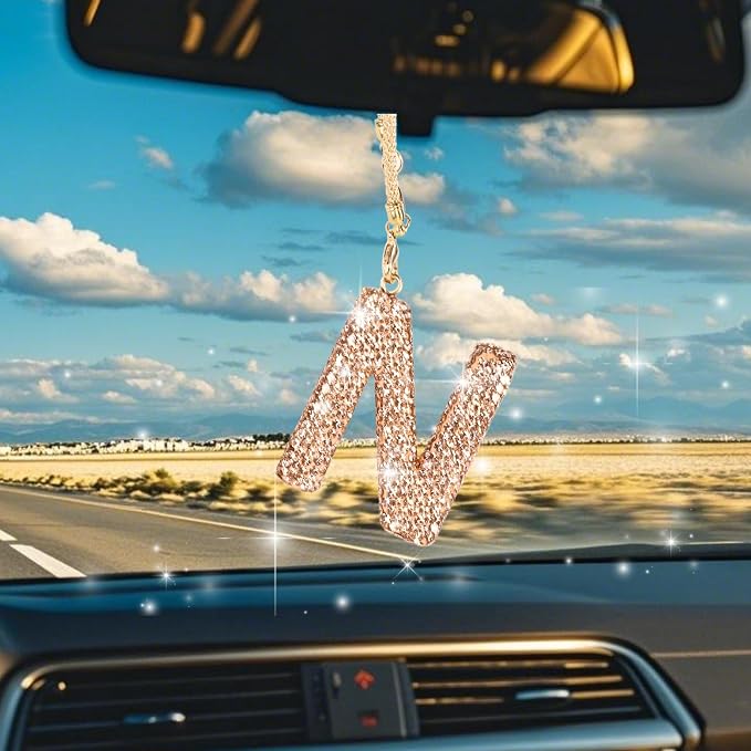 Bling Car Accessories for Women Letter Charm, Rainbow Crystal Rearview Mirror Pendant, Cute Diamond Rhinestone Car Decor, Lucky Gift for Women(N, Champagne Gold)