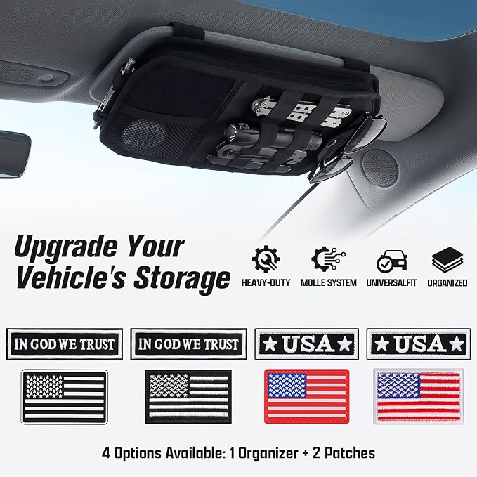 Heavy Duty MOLLE Sun Visor Organizer with Sunglasses Holder | Universal Tactical Organizer, MOLLE Panel, Mesh Pouch + Pen Slots + Zipper Pockets, 1000D Polyester, Esay Installation