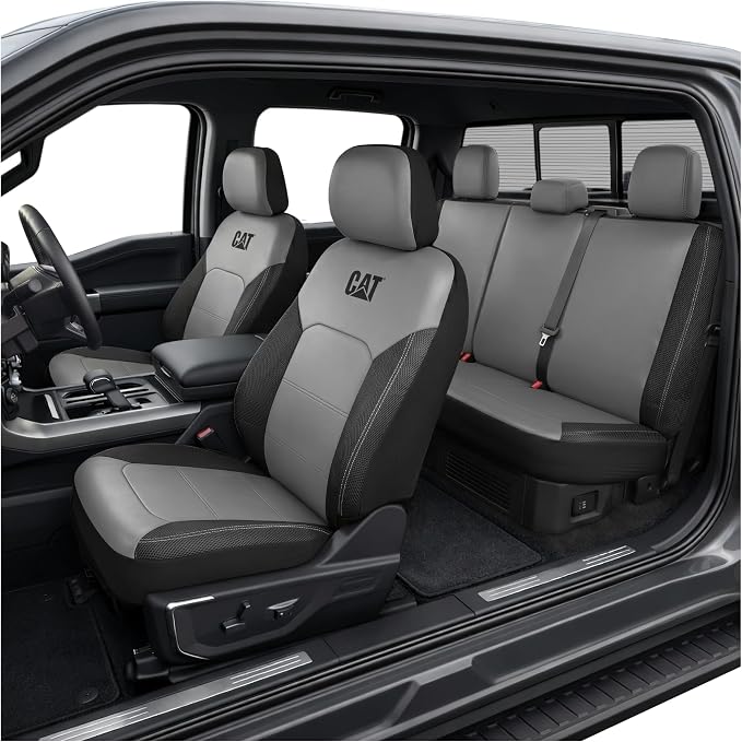 CAT Leather Seat Covers Full Set for Full-Size Pickup Trucks Only - Gray | Front Bucket Seat Covers & 60/40 Split Rear Bench Protector – Interior Accessories For F-150, Silverado, Ram, Sierra & Tundra