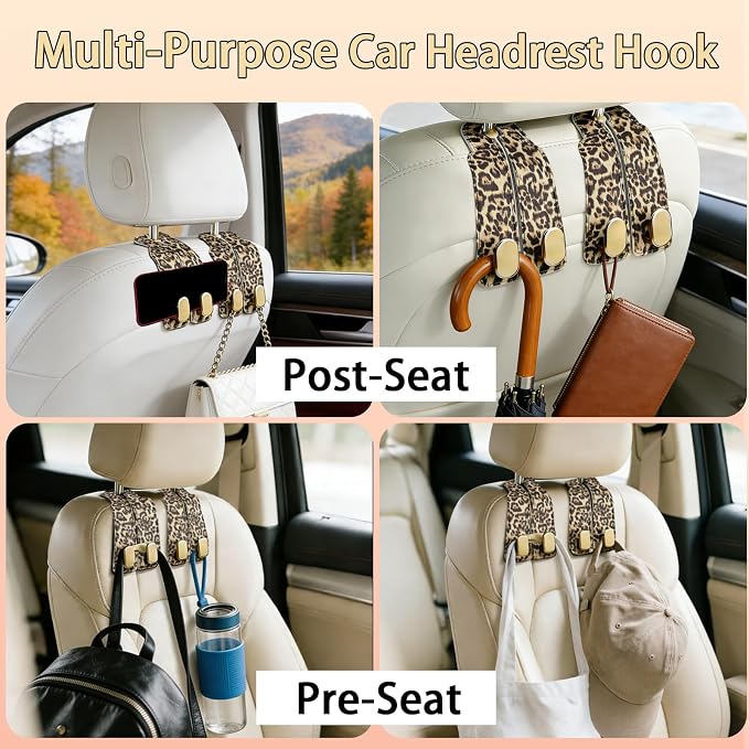 Car Hooks for Headrest: 2Pack Car Headrest Hook with Premium Leopard Leather - Double Metal Hooks - Purse Hook For Car - Car Headrest Hooks - Car Hooks for Purses, Handbags, Bags - Leopard