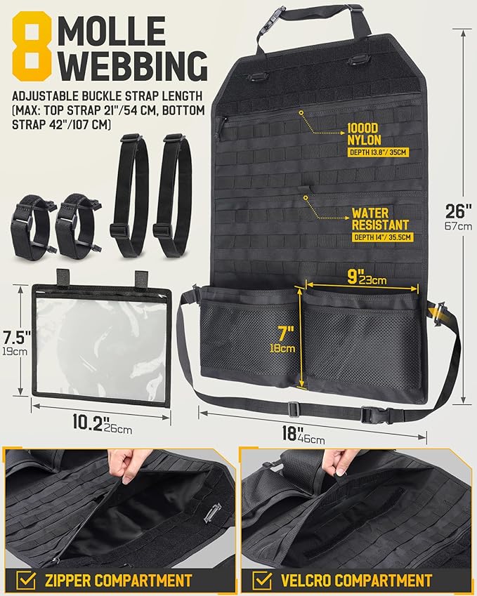 WYNEX Molle Seat Back Car Organizer Fit Most Car F150 Jeeps Pickups Trucks | 26.4x16.1" Backseat Storage Cover, Truck Seat Back Protector, Sling Rack, Visual Pocket & Wolf Patch for Road Trips