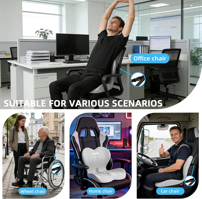 Ergonomic Memory Foam Seat Cushion with Strap for Office Chair, Light Grey | Contoured coccyx cutout supports back and butt, with a non-slip base and washable cover for office chairs and cars.