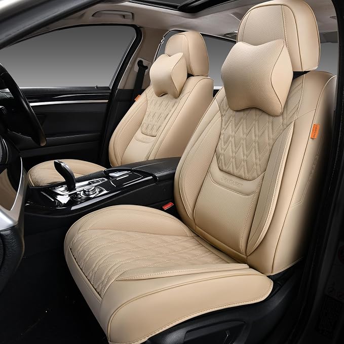 Car Seat Covers Full Set, Breathable Leather Automotive Front and Rear Seat Covers & Headrest, Universal Automotive Vehicle Seat Cover for Most Sedan SUV Pick-up Trucks, Beige