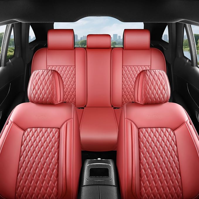 Red High-Density Nappa Leather Automotive Car Seat Covers Full Set | Univerasal Precision Fit,3D Contoured,Waterproof,ThickTexture Nappa Leather,for most Suvs Trucks Sedans