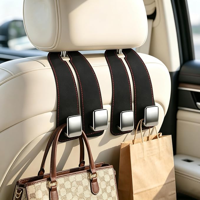 Amooca Car Headrest Hooks, Premium Suede with Metal Car Seat Back Storage Hooks for Handbag Coats Umbrella Backpack - 4 Pack, Black