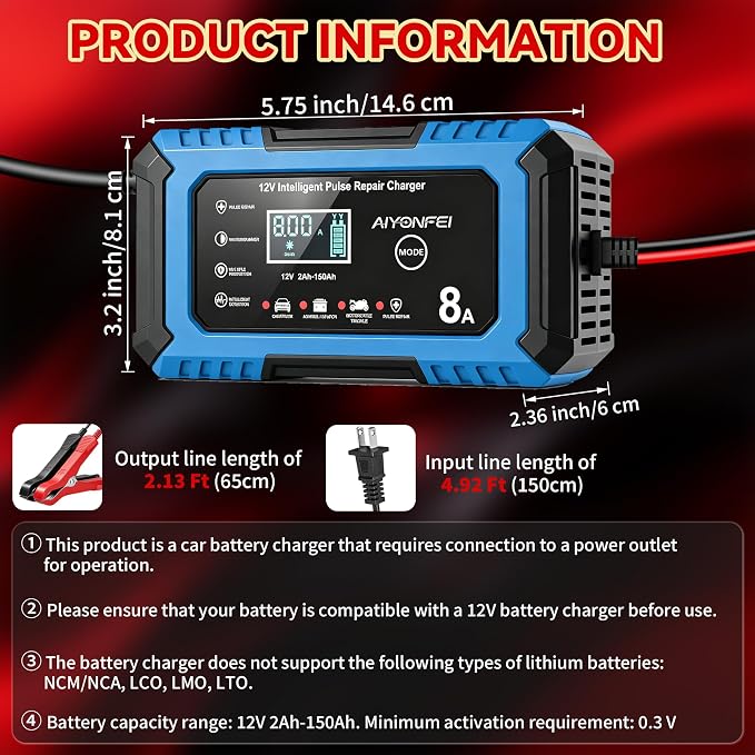 12V Battery Charger 8-Amp Smart Trickle Charger, Blue | Battery Maintainer and Desulfator, Temperature Compensation, for Car, Truck, SUV, Motorcycle, Boat, Lead Acid, LiFePO4