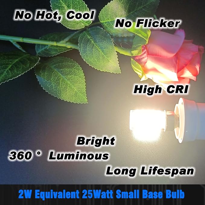 E12 T6 C7 LED Candle Base Bulb 2W Natural White 4000K AC120V 300lm, 4 Pack | Equivalent 25W, Non-Dimmable, CRI >82Ra, for Candelabra Chandelier Pendant Table Lamp Refrigerator Ceiling Fan Bulb