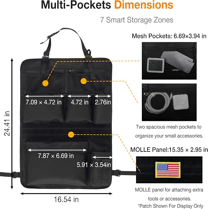 Tactical Car Seat Back Organizer with 7 Pockets and Zipper Pocket, MOLLE Seat Organizer with Hook & Loop Panel, Universal Fit for Car SUV Truck Jeep