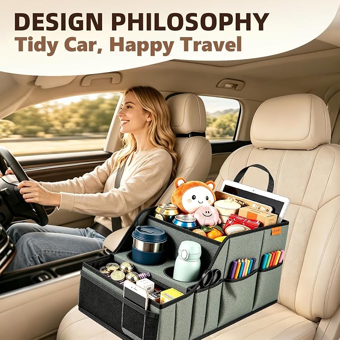 Car Seat Organizer Back Front Captains Seats Storage Travel | Car Organizer, Back Seat Car Organizer, Car Seat Organizer Front Seat – 9 Compartments, 2 Cup Holders – Foldable