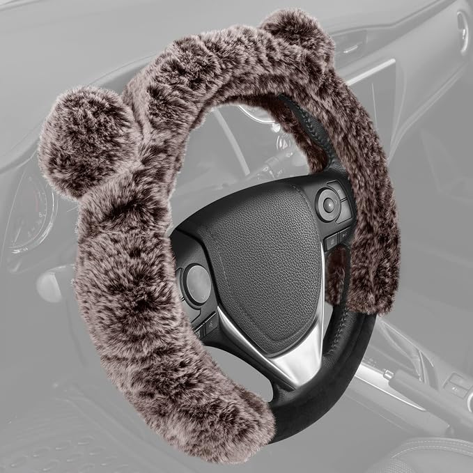 BDK Bear Fur Steering Wheel Cover, Plush Faux Fur Fuzzy Steering Cover for Car Truck Van SUV, Standard Size Fits Wheels 14.5-15 in Diameter, Brown with Ears