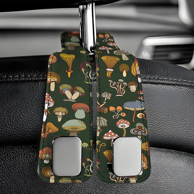 Car Seat Back Storage Headrest Hook, Premium Leather Double Metal Hook, Hanger Storage Organizer for Purse Cloth Bag, Car Interior Accessories Brown Mushrooms