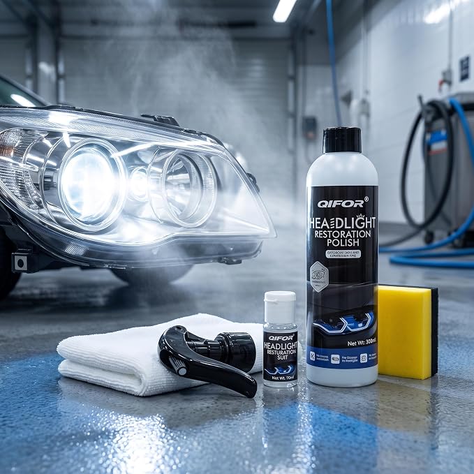 QIFOR Automotive Headlight Restoration Kit - Restore Oxidized Yellowed Headlamps with Enhanced Crystalline Coating Refurbisher - Improve Night Visibility, Anti-UV & Anti-Yellowing
