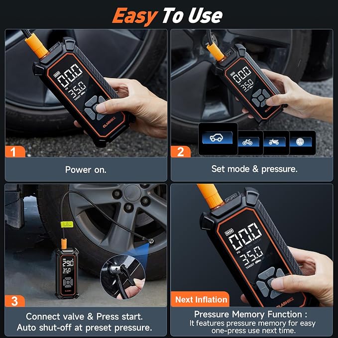 OlarHike Cordless Tire Inflator Portable Air Compressor, Dual Power Mode - 9000 mAh & 12V DC, Air Pump for Car Tires, Motorcycle, Bicycle, Electric Pump with LED Light & Digital Pressure Gauge