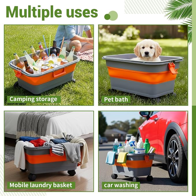 Maxdot Car Wash Bucket with Wheels Lid and Handle, 5.5 Gallon Collapsible Rolling Wash Bucket with 2 Microfiber Mitts for Car Cleaning, Camping, Rv & Pet Bathing