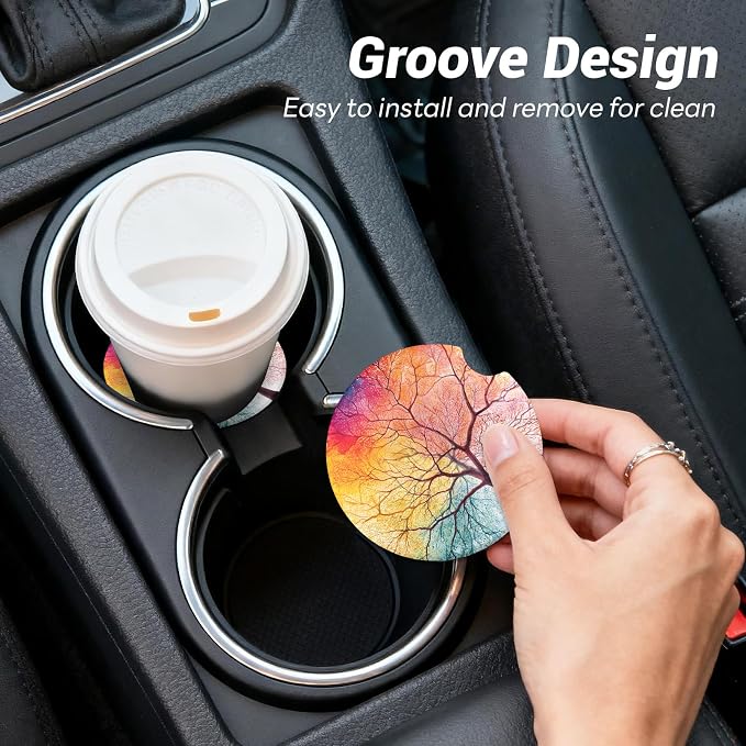 2 Pack Ceramic Car Coasters for Cup Holder, 2.56 in Anti Slip Absorbent Coaster with Cork Base and Finger Notch, Funny Cute Car Accessories for Women, Colorful Tree