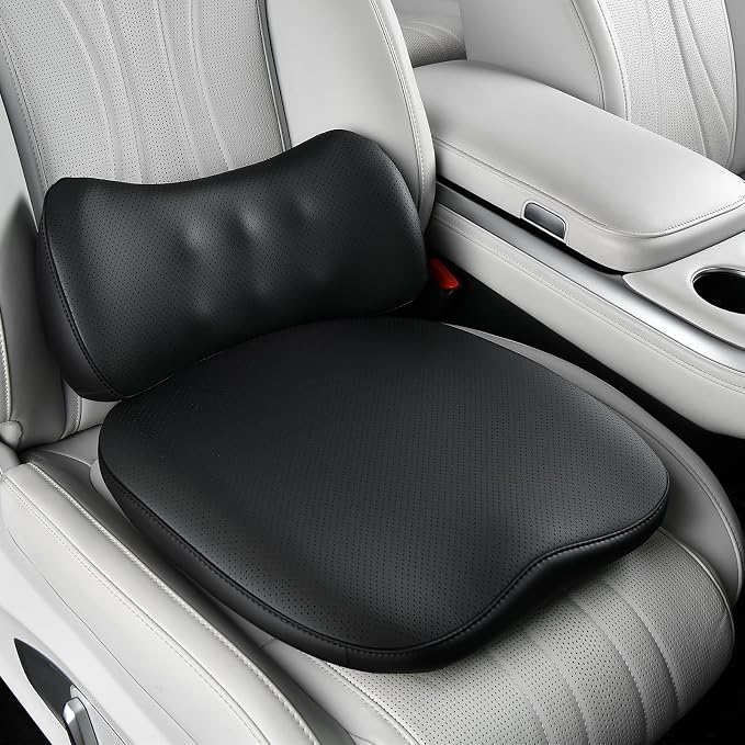 Coverado Memory Foam Car Seat Cushion and Lumbar Support Pillow for Driving Seat, Ergonomic Design Soft and Breathable PU Leather, High Density Memory Foam for Neck & Lower Back Pain Relie