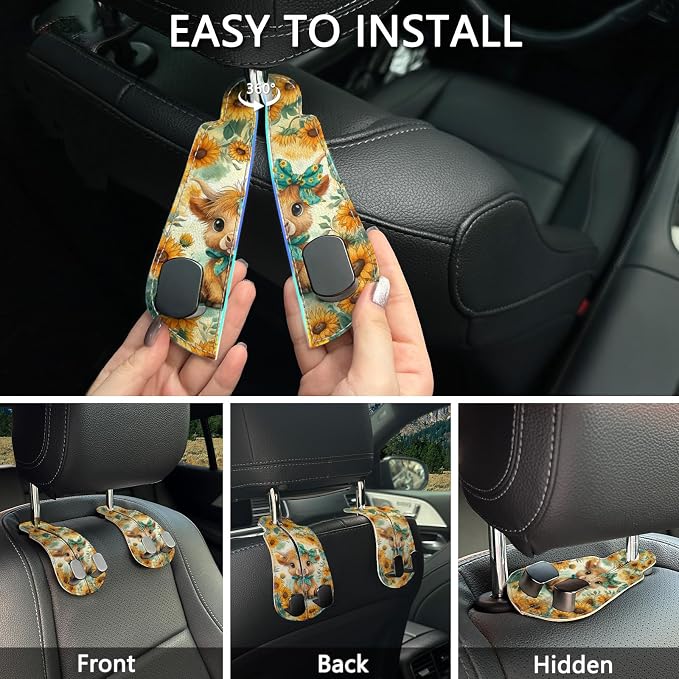 Blusabaca 2PCS Car Hooks for Purses Bags, Highland Cow Cattle Artwork Modern Seat Back Storage Headrest Holder Hanger PU Leather Double Metal Backseat Organizer, Women Car Accessories Organization