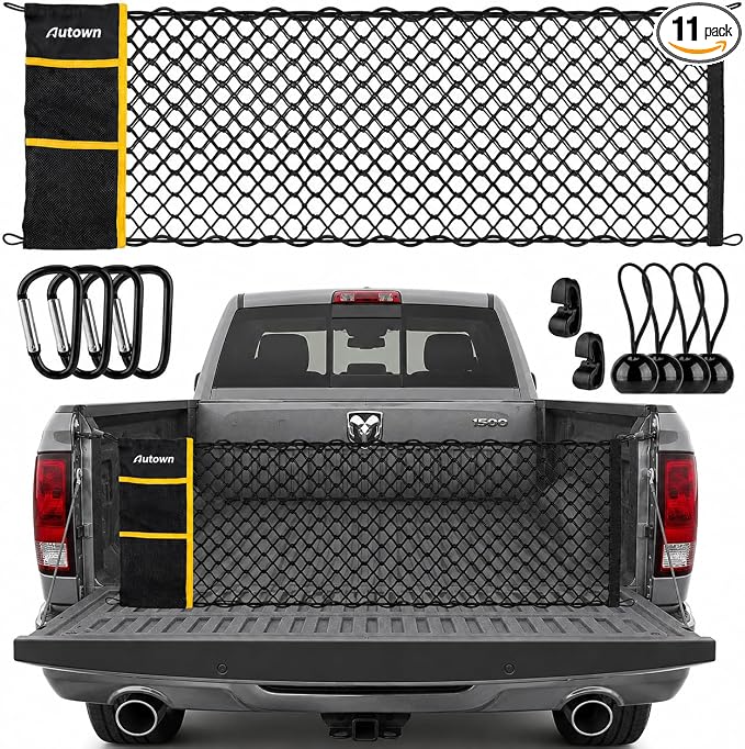 AUTOWN Truck Bed Cargo Net, Envelope Bed Netting for Dodge Ram 1500 2019-2025 2026, Pickup Truck Bed Organizer with 5mm Bungee & Integrated Storage Bag & Bungee Balls & Carabiners