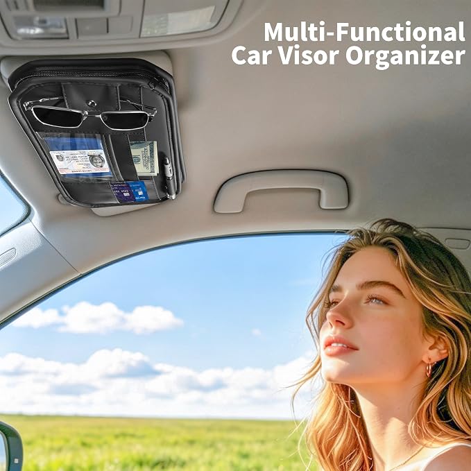 Car Sun Visor Organizer with Multi Pockets PU Leather Zipper Bag | Sunglass Holder with Elastic Straps and Glasses Clip Sunvisor Organizers Universal Fit for Trucks SUV Jeeps & Patrol Vehicles