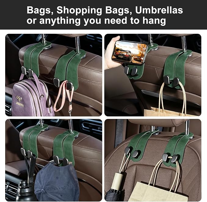 CoBak Purse Hook for Car - Universal Premium Stitched Leather and Aluminum-Magnesium Alloy Double Car Seat Back Storage Hook for Purses, Handbags, Bags (2 Pack),Emerald