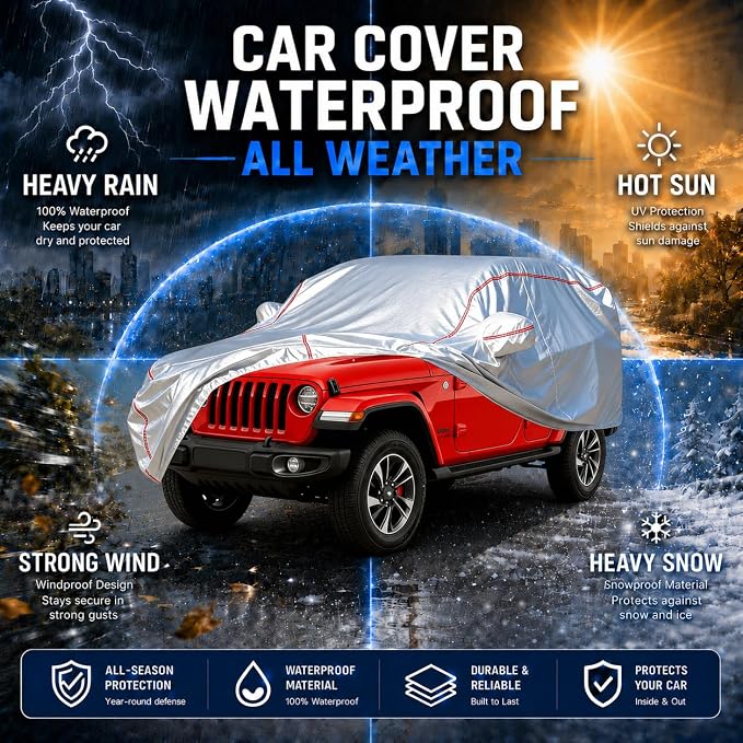 Waterproof All Weather Heavy Duty Vehicle Cover, 360° Underbody Wrap Windproof Design, Quick Install Outdoor Cover,(for Jeep Wrangler 4-Door 2006-2025)