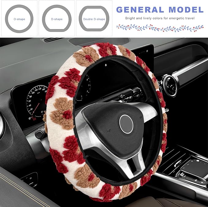 Plush Flowers Steering Wheel Cover, 15 inch Anti-Slip Breathable Steering Wheel Protector Cute Floral Decor, Elastic Soft Wheel Cover Universal Fit for Most Vehicles (Wine Red)