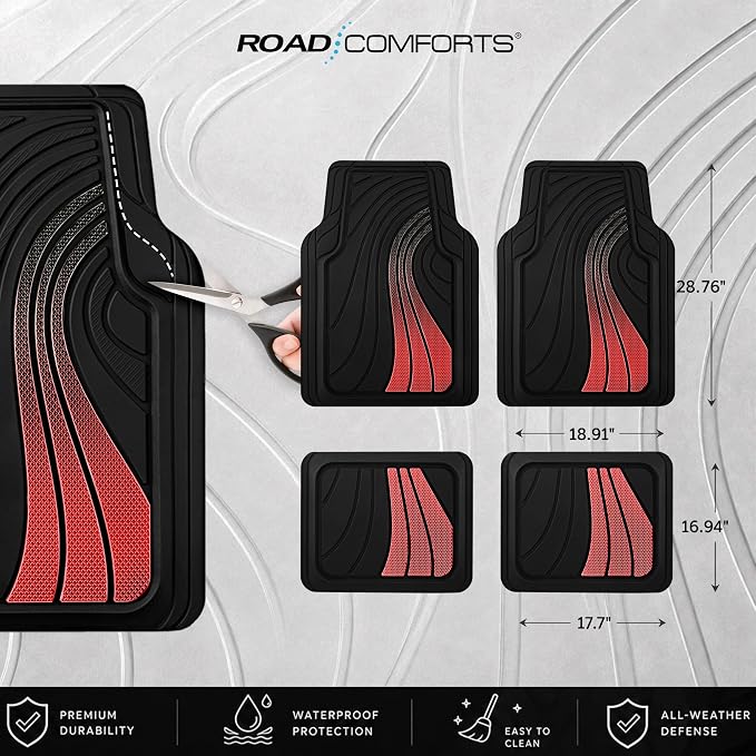 Road Comforts Car Floor Mats Full Set – Front & Rear Car Floor Mats with Aluminum Design, Anti-Slip Backing, All-Weather Protection, Trim-to-Fit Car Mats for Most Sedans, SUVs & Vans - Red