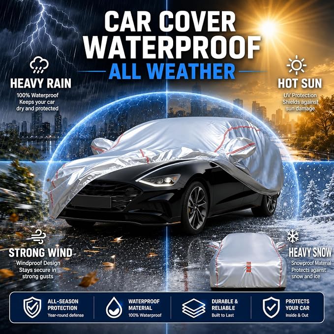 Waterproof All Weather Heavy Duty Vehicle Cover, 360° Underbody Wrap Windproof Design, Quick Install Outdoor Cover,(for Sonata Hyundai 2001-2025)