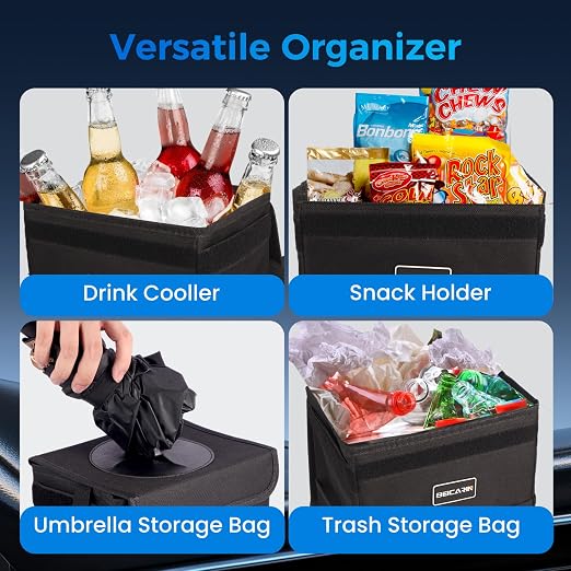 Beicarin Car Trash Can with Lid - Trash Bag Hanging with Storage Pockets Leak-Proof Collapsible and Portable Waterproof Garbage Bin, 2.05 Gallons Multipurpose Trash Bin for Car