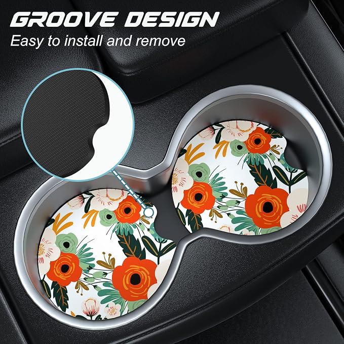 Aiawoxc Car Cup Holder Coasters, 2 Pack Universal Auto Anti Slip Insert Coaster with A Finger Notch, Cute Car Assecories for Women Men, Cup Mat for Most Interior, White Flower